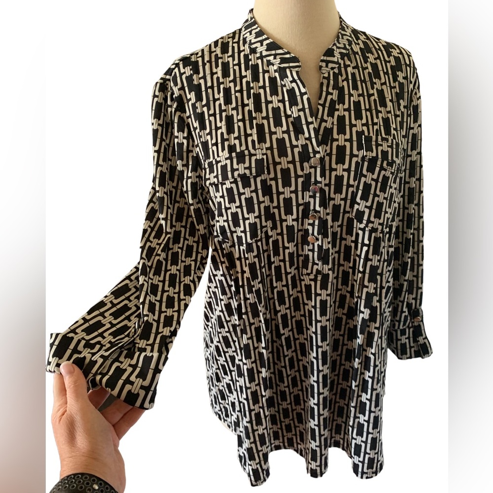 COCOMO XL Black White 3/4 sleeve women’s Pintuck Blouse tunic top shirt - Picture 15 of 15